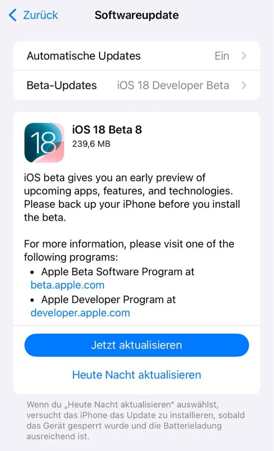 新田苹果手机维修分享苹果 iOS / iPadOS 18 开发者预览版 Beta 8 发布 